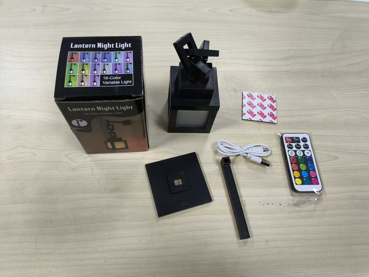 What's in the box: pixel lantern lamp, wall mount, adhesive pad, USB-C cable and remote