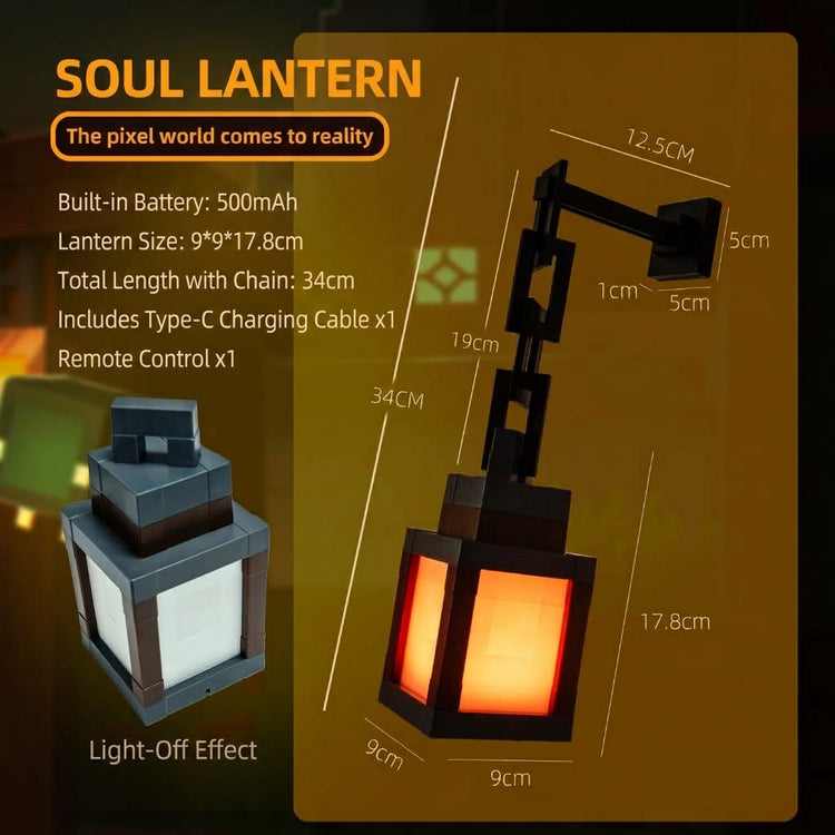 Pixel lantern lamp dimensions: 9 x 9 x 17.8 cm lantern, 34 cm total length with chain