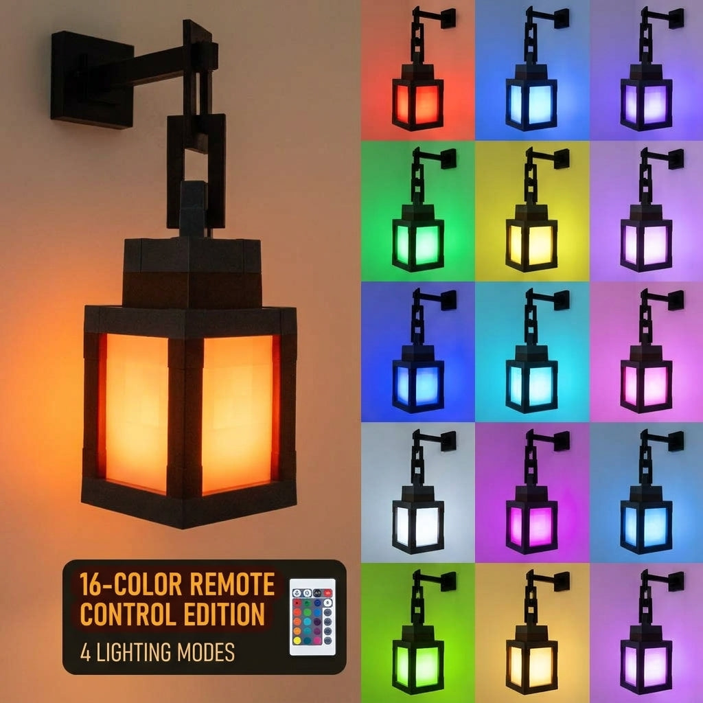 Pixel lantern wall lamp shown in its 16 RGB colors with remote control