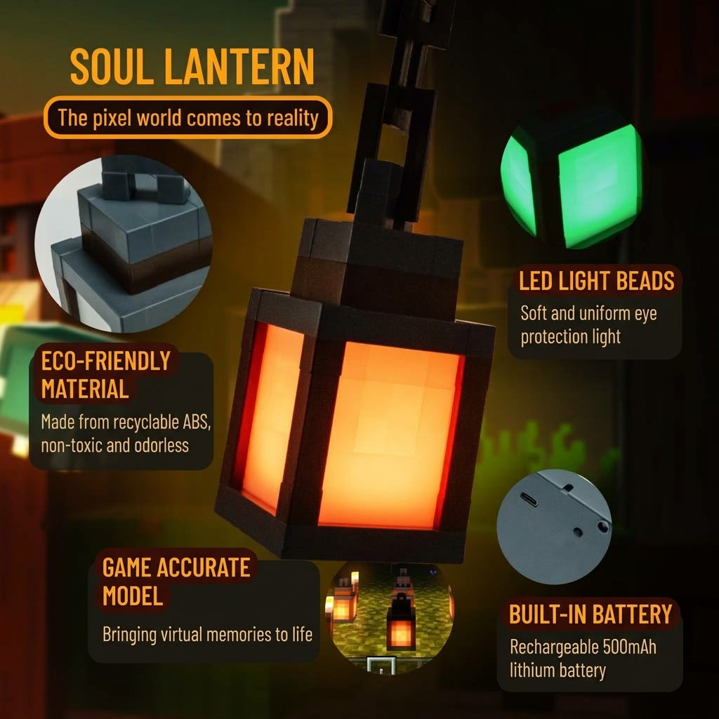 Pixel lantern lamp features: recyclable ABS, soft LED light and built-in 500 mAh rechargeable battery