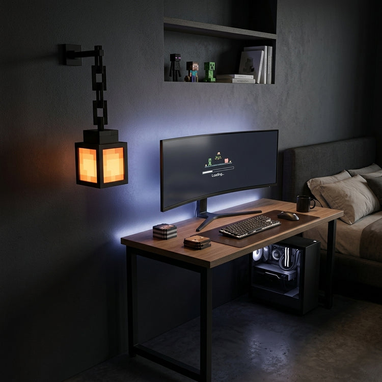 Pixel lantern lamp mounted above a gaming desk setup
