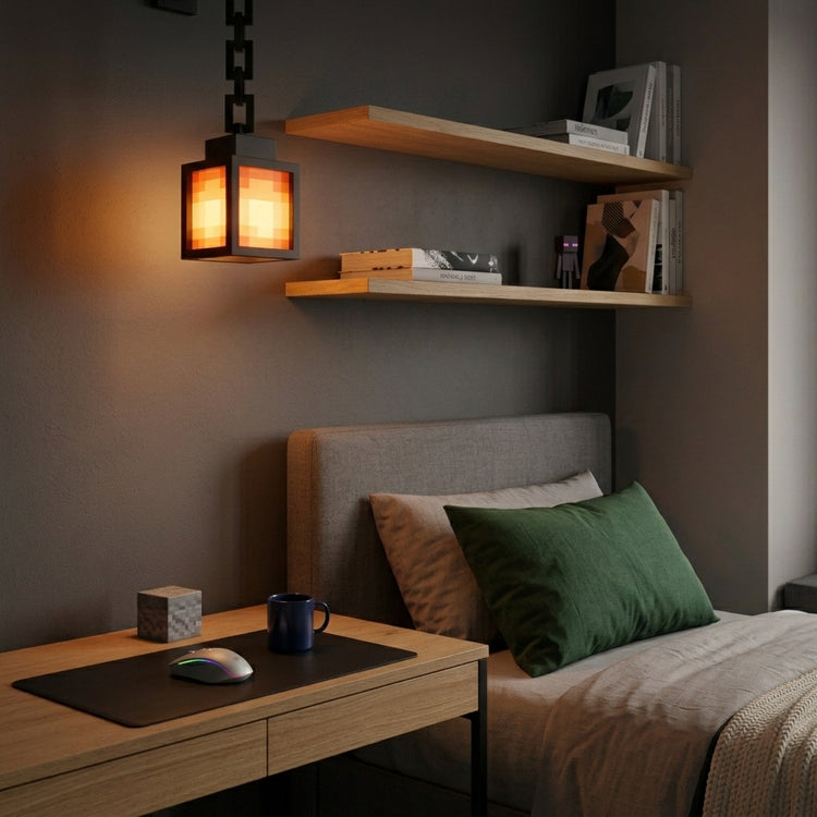 Pixel lantern lamp lighting a cozy bedroom corner
