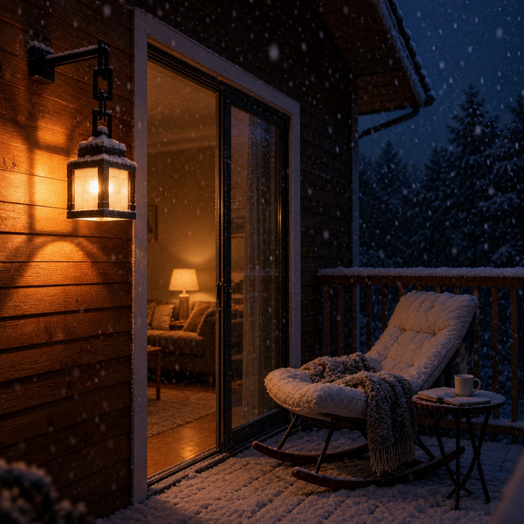 Pixel lantern lamp glowing warm on a snowy porch at night