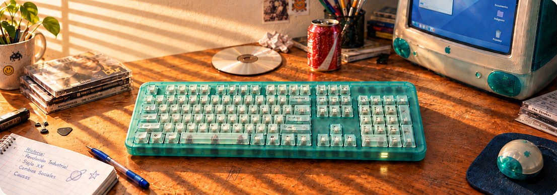 Escritorio con teclado translúcido verde agua, mouse y computadora retro